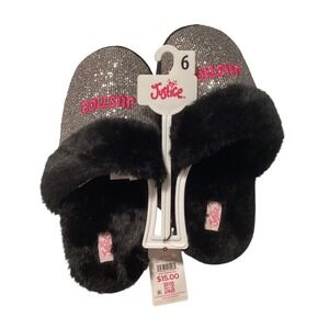 Justice Girls Slippers Black Silver Glitter Faux Fur Slide Sandals Size 6 NWT